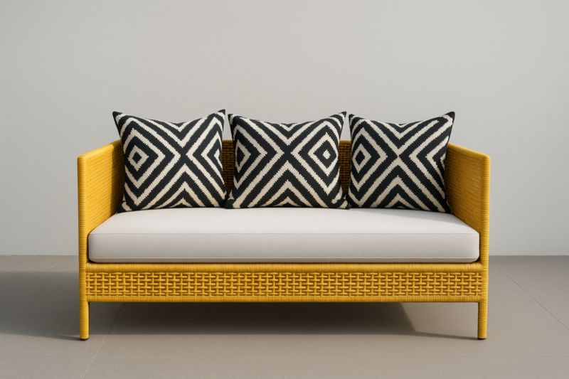 Sofá de ratán amarillo con cojines geométricos