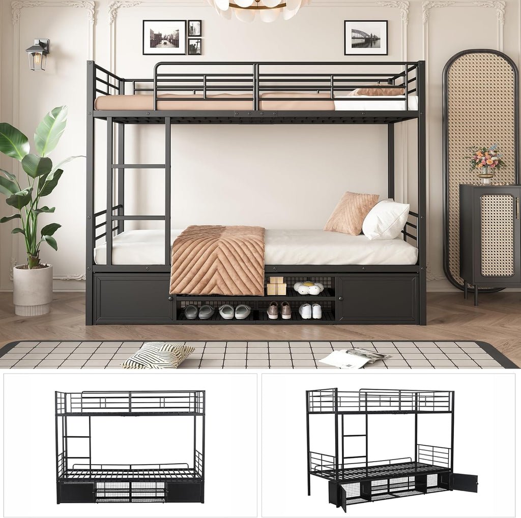 Litera cama infantil 90x200 cm, estructura de cama de metal con zapatero abierto y 2 armarios de almacenamiento con puertas, litera cama alta cama de hierro para niños, adolescentes y adultos, negro