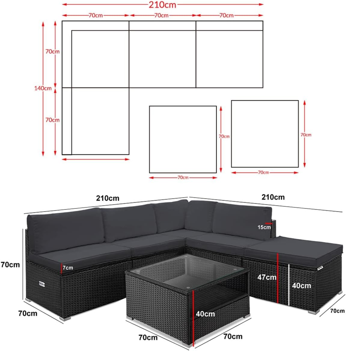 Set de muebles de jardín Lounge Casaria® incl. caja de almacenamiento de 318 L, para exteriores, con mesa, cojines, resistente a la intemperie, poliratán, color negro antracita, muebles para balcón y terraza