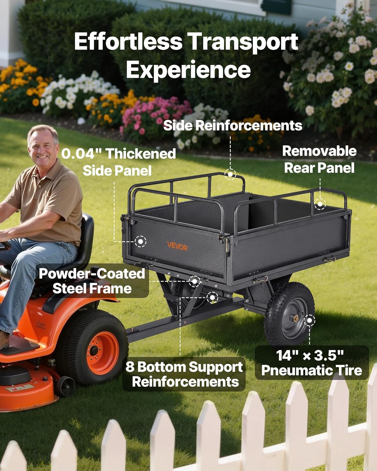 VEVOR Remolque Basculante, 283 L, Remolque de Jardín de Acero para Tractor Cortacésped, Capacidad de Carga 226,8 kg, con Neumáticos de 35,56 cm, Carrito de Transporte con Volquete para ATV, UTV
