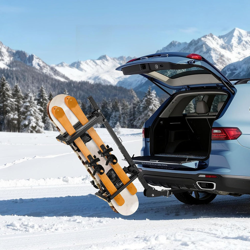 Portaesquís de remolque plegable VEVOR, compatible con receptor de 5 cm, soporte ajustable para tablas de snowboard, capacidad para 6 pares de esquís o 4 tablas, con cerradura, correa de seguridad, acceso inclinable