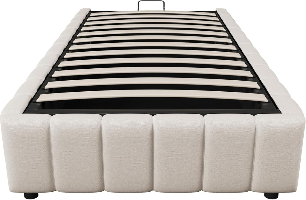 Cama tapizada 90x200, cama individual con espacio de almacenamiento y somier, sin cabecero, marco de cama con arcón hidráulico, cama con almacenaje hidráulico, estructura de cama, cama juvenil, lino, sin colchón, beige