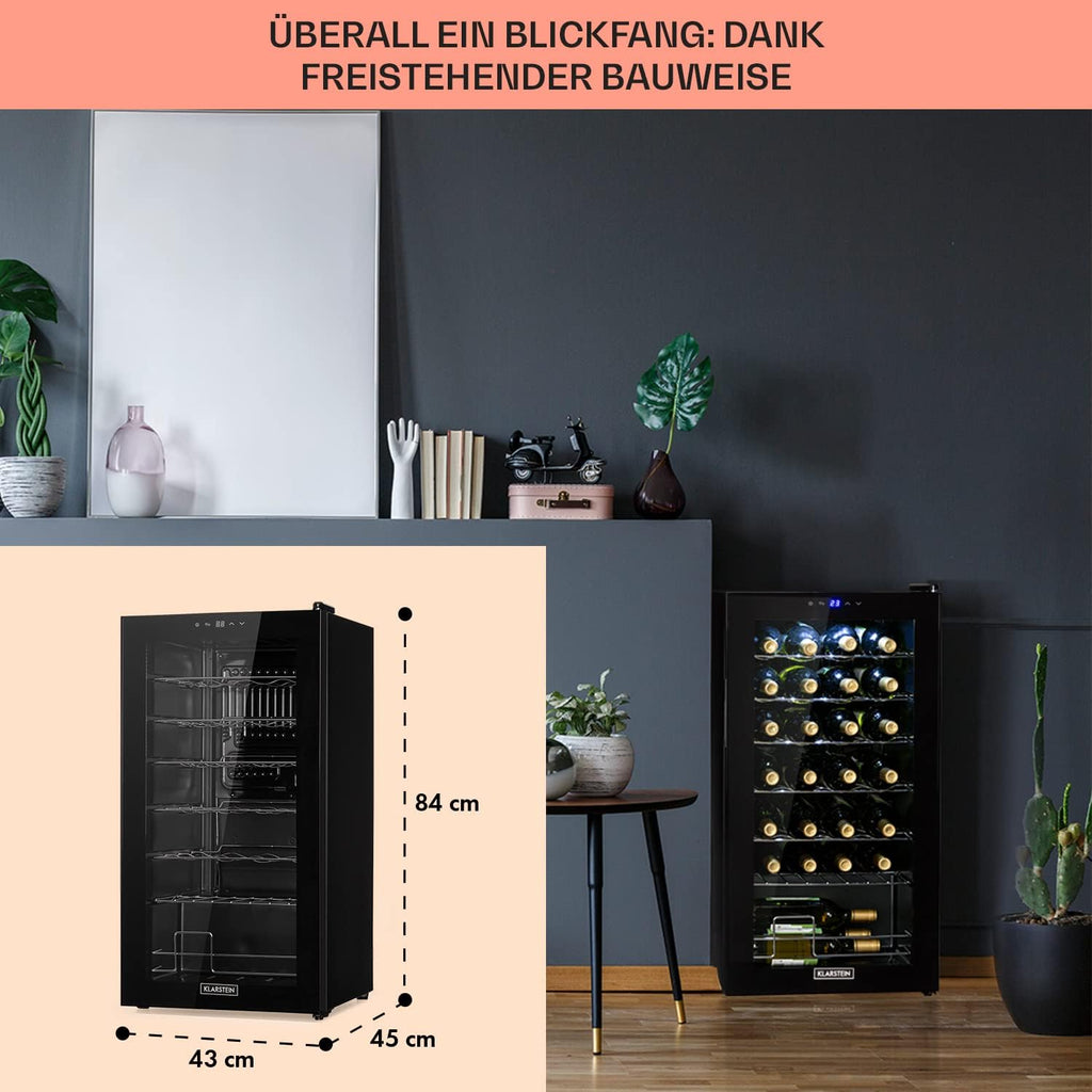 Nevera para vinos Klarstein, frigorífico para bebidas pequeño de 1 zona, vinoteca pequeña de 74L, nevera para vinos pequeña con puerta de cristal, enfriador de botellas para interior/exterior, nevera para vinos de 5-18°C, 28 botellas
