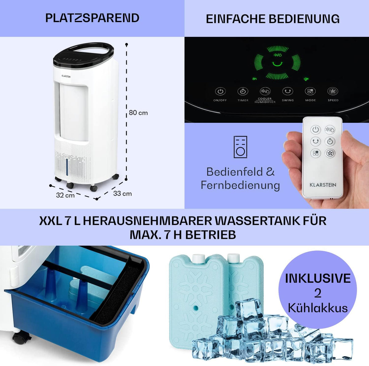 Enfriador de aire Klarstein con refrigeración por agua, enfriador evaporativo 4 en 1 silencioso, humidificador, ventilador y modo nocturno, aire acondicionado portátil de 7 L, enfriador de aire de 65 W, flujo de aire refrigerante de 330 m³/h