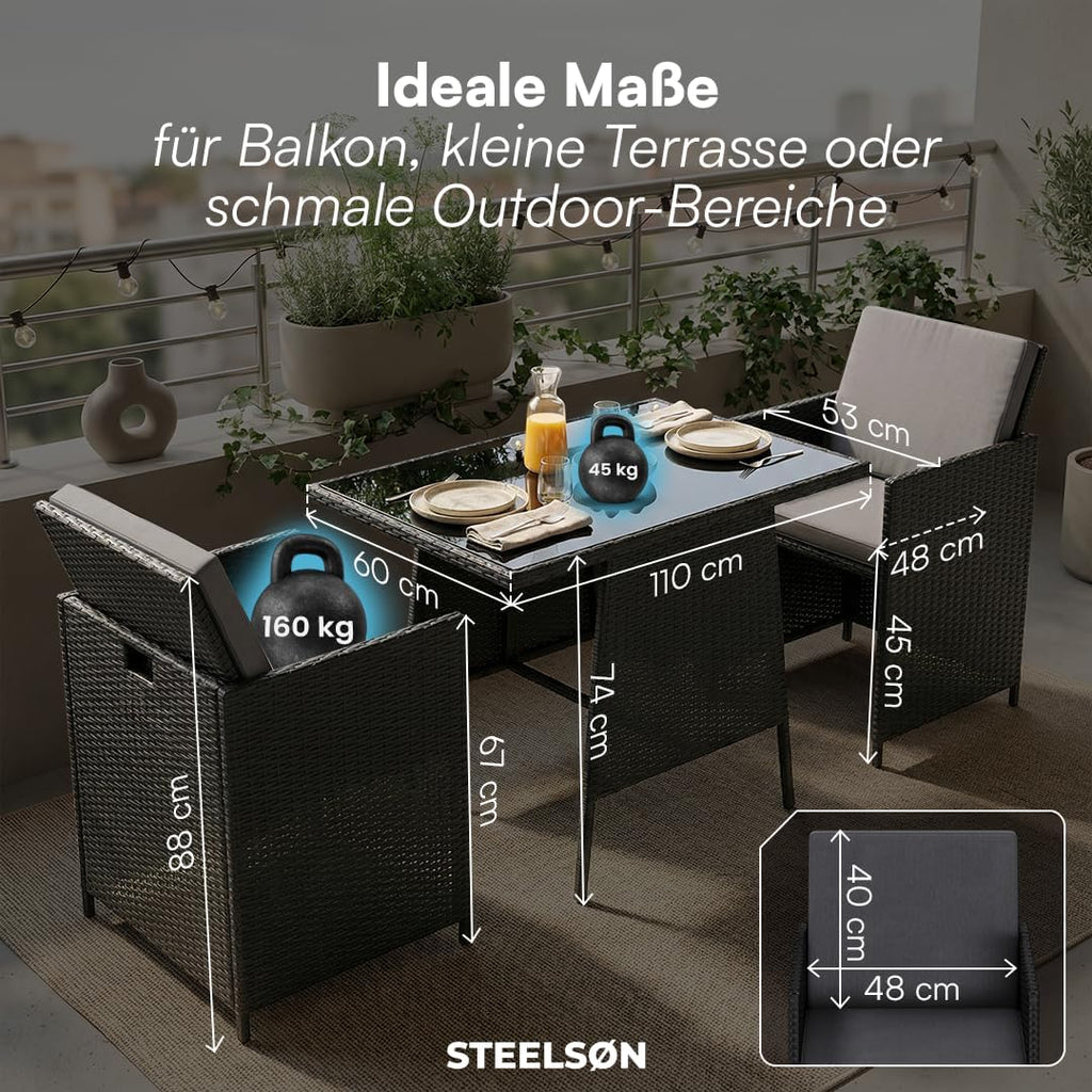 STEELSØN Xenara Conjunto de comedor de 3 piezas, 2 personas, negro/antracita, ratán