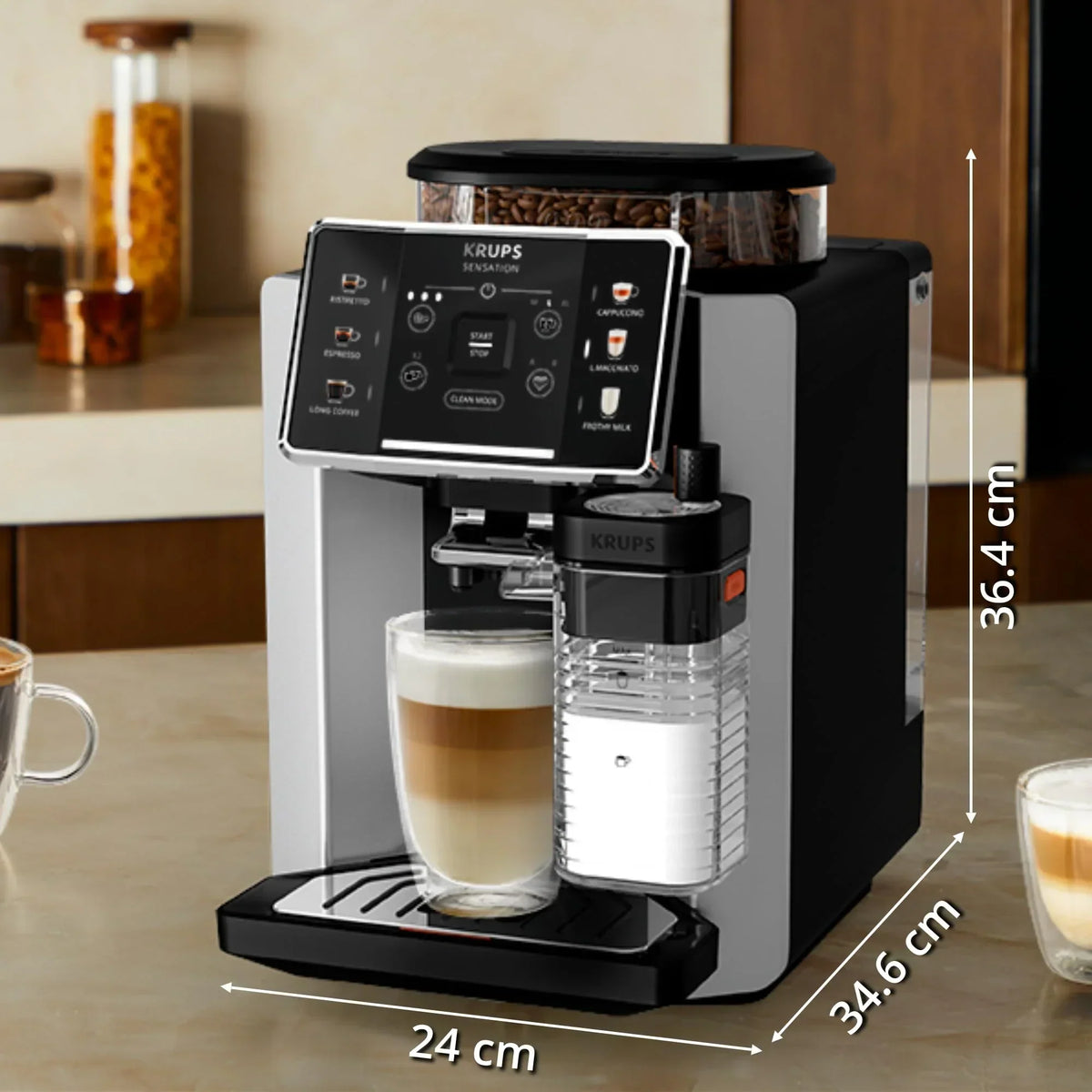 2025 Krups Essential - Cafetera superautomática, 15 bares de presión, molinillo cónico de metal, con selección de cantidad e intensidad de café, 1,7 l, 1 taza, acero, pantalla LCD + accesorios para leche