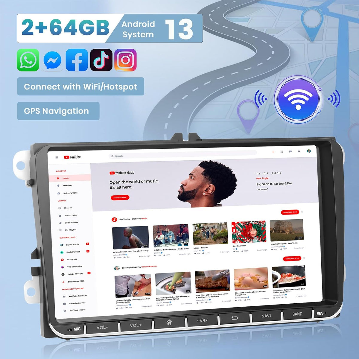 Ohradio 2G+64G 9" Android 15 Autorradio para VW Golf Polo Touran Caddy Passat Seat Estéreo con CarPlay inalámbrico Android Auto GPS FM/RDS Radio WiFi 2USB + Cámara de visión trasera + MIC - 2DIN