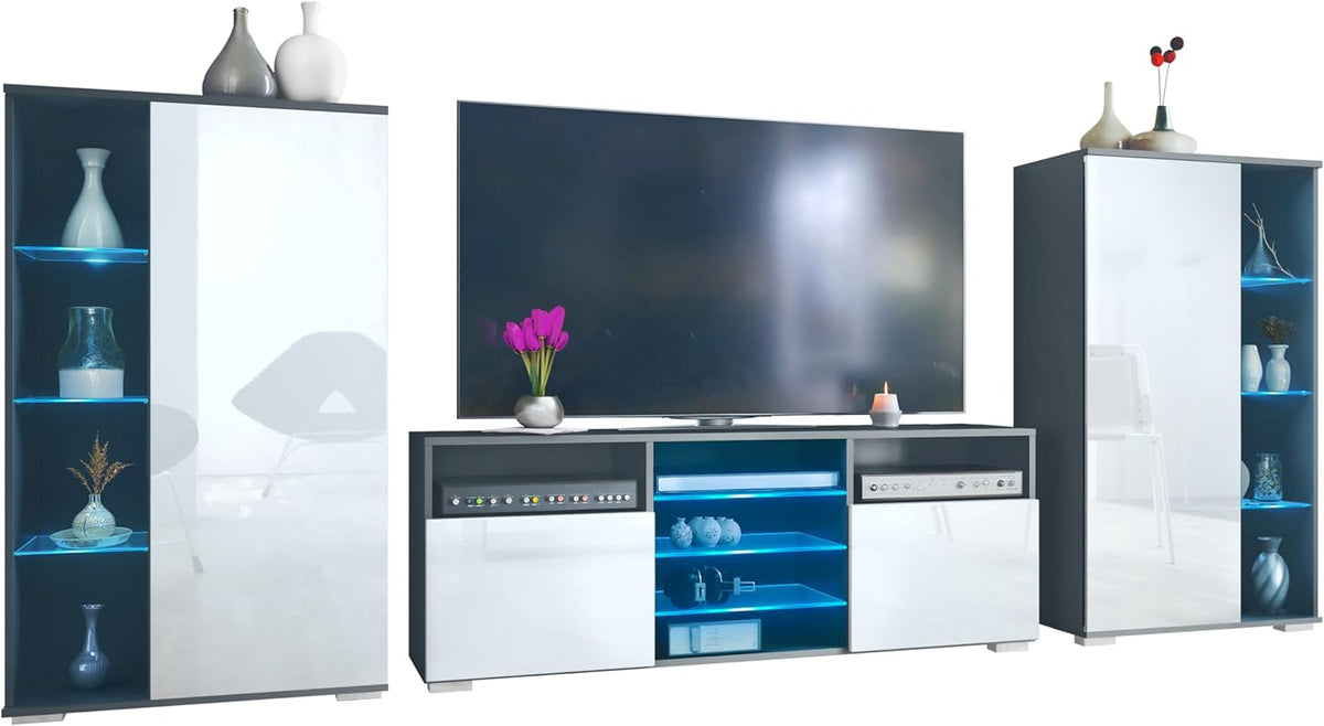 Mueble de salón Vladon Davos, compuesto por 2 vitrinas y 1 mueble para TV, antracita mate/blanco brillo, incl. iluminación LED (329 x 134 x 35 cm)
