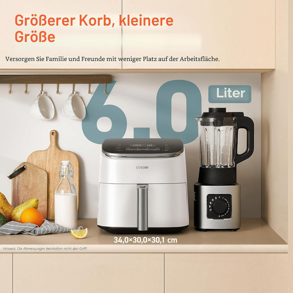 Freidora de aire COSORI Turbo Blaze, 6 l, 46% más rápida, con motor de CC, freidora sin aceite 9 en 1 con 117 recetas, apta para lavavajillas, freír, hornear, asar, deshidratar, blanca