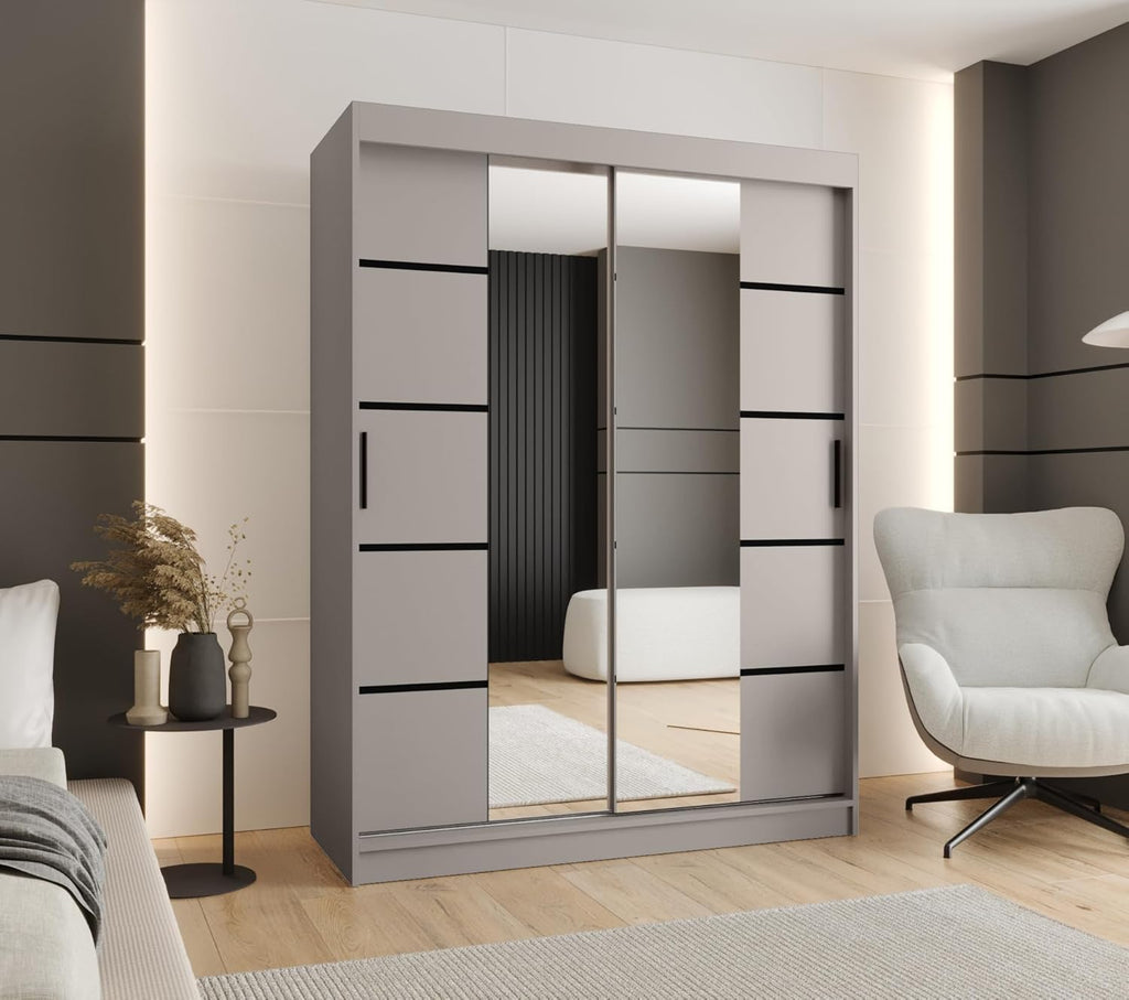 Kryspol - Armario de puertas correderas - Armario con espejo - Armario de 150 cm de ancho x 200 cm (alto) x 62 cm (fondo), 2 puertas, tablero de muebles laminado, armario de puertas correderas Rubino V4 150, color cachemira