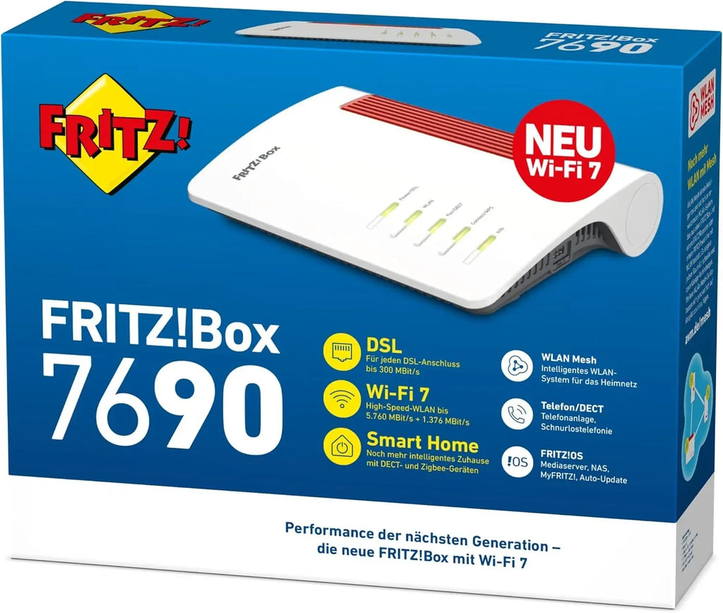 Router DSL Wi-Fi 7 7690 7,1 Gbit/s, malla WLAN, base DECT, hasta 300 Mbit/s, VDSL supervectoring, LAN, telefonía