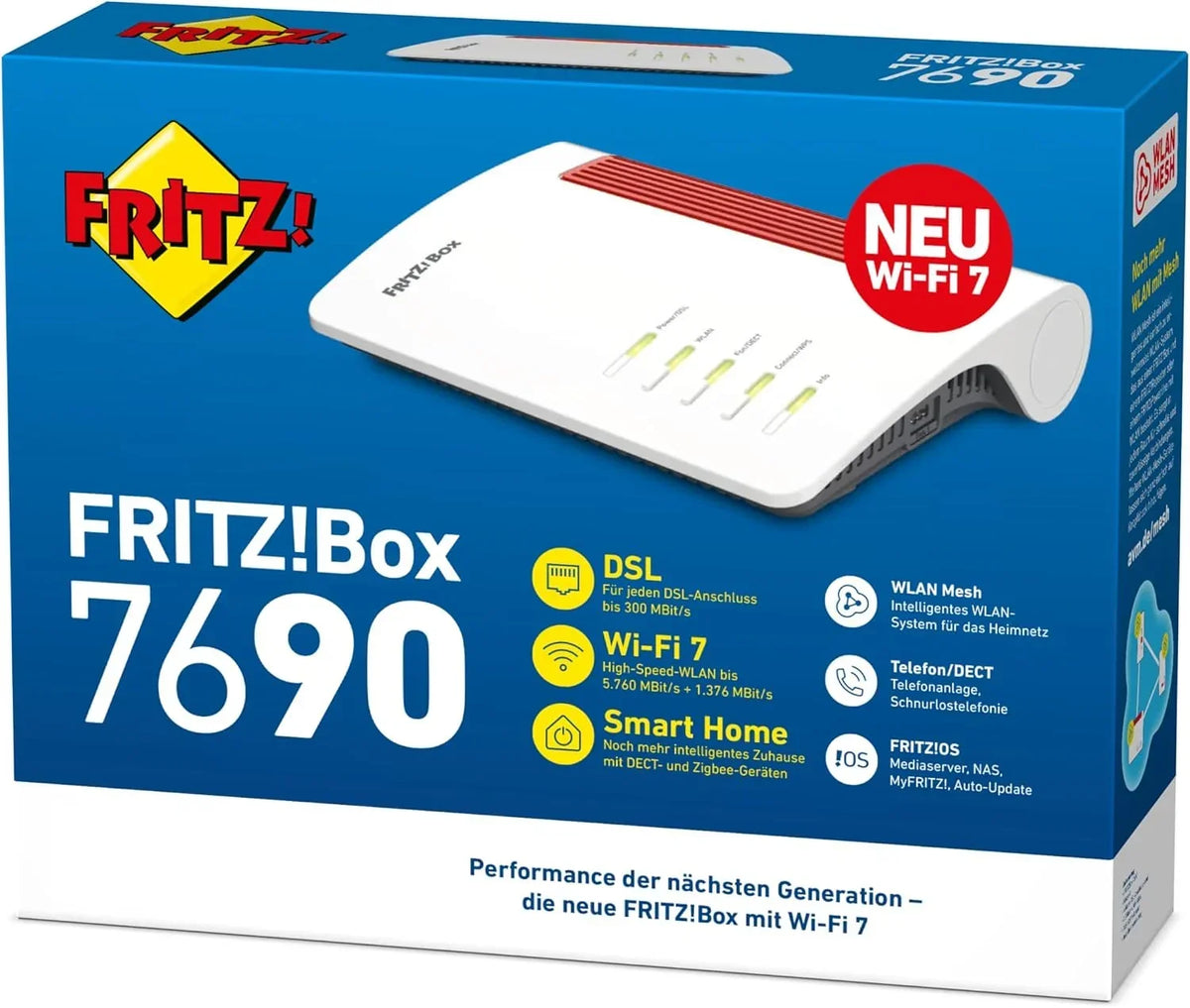 Router DSL Wi-Fi 7 7690 7,1 Gbit/s, malla WLAN, base DECT, hasta 300 Mbit/s, VDSL supervectoring, LAN, telefonía
