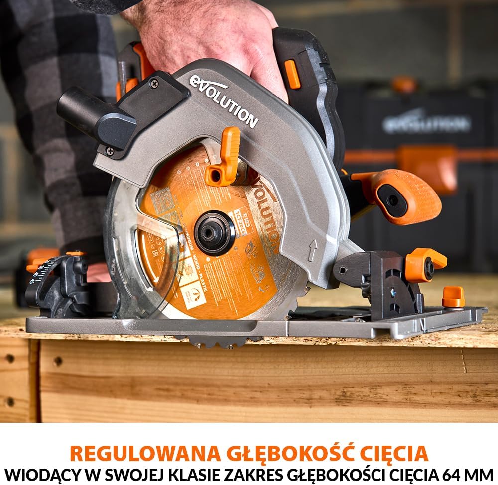 Evolution Power Tools R185CCSX-Li Pilarka tarczowa akumulatorowa 18v Li-Ion EXT z tarczą TCT do wielu materiałów, do cięcia drewna, metalu, plastiku, akumulator i ładowarka w zestawie, 185 mm