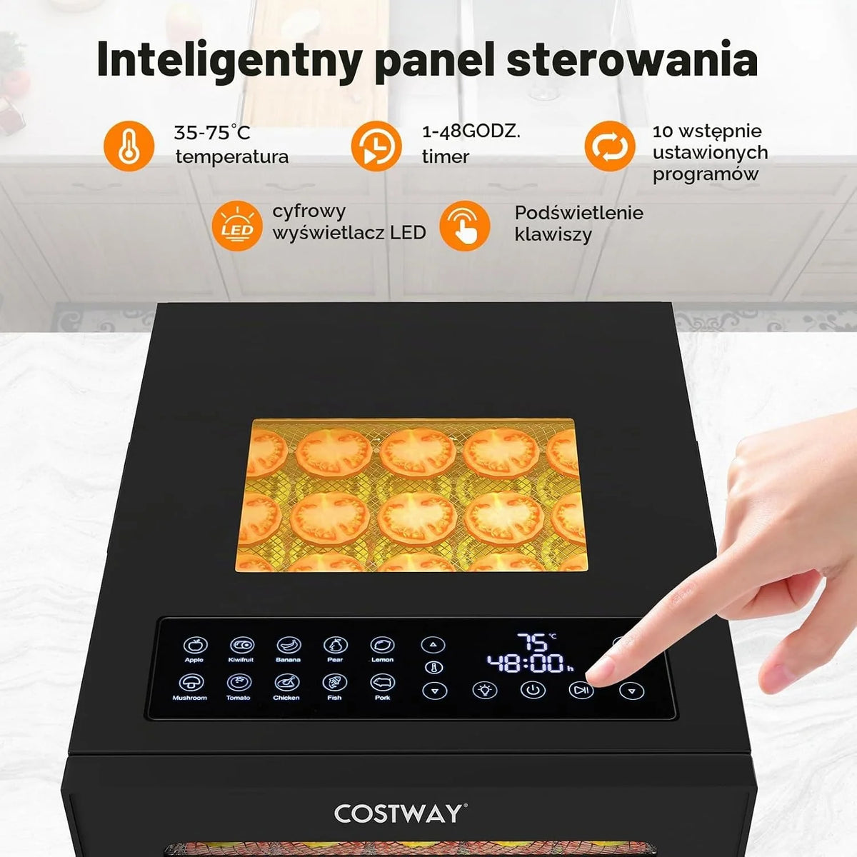 COSTWAY 850 W suszarka do żywności z 10 stalowymi miseczkami, suszarka z 10 wstępnie ustawionymi programami, 48-godzinnym timerem i temperaturą 30-75 °C, suszarka do żywności do owoców, warzyw, mięsa