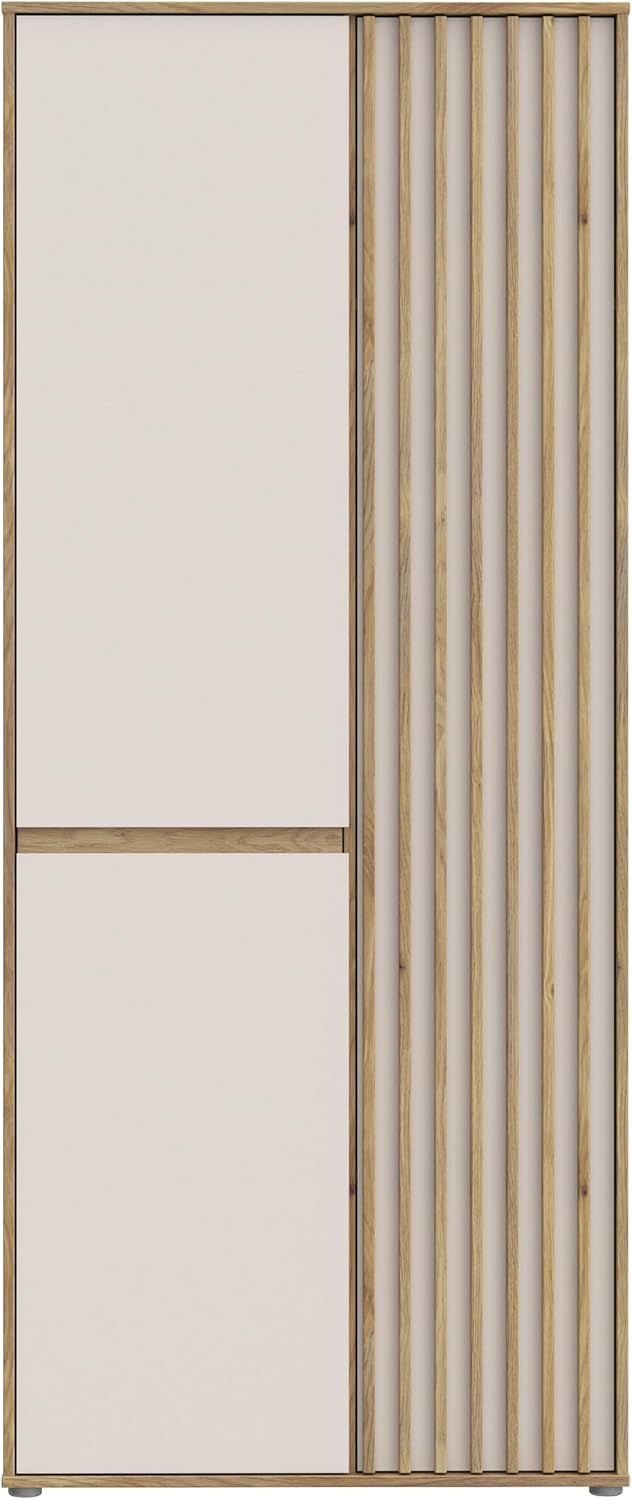 Armario Forte ELISTON 80 90, armario moderno con diseño de listones, 2 puertas, madera técnica, dormitorio, decoración de madera de roble Mauvella|Beige Cachemira, 84 cm de ancho x 200,1 cm de alto x 54 cm de profundidad