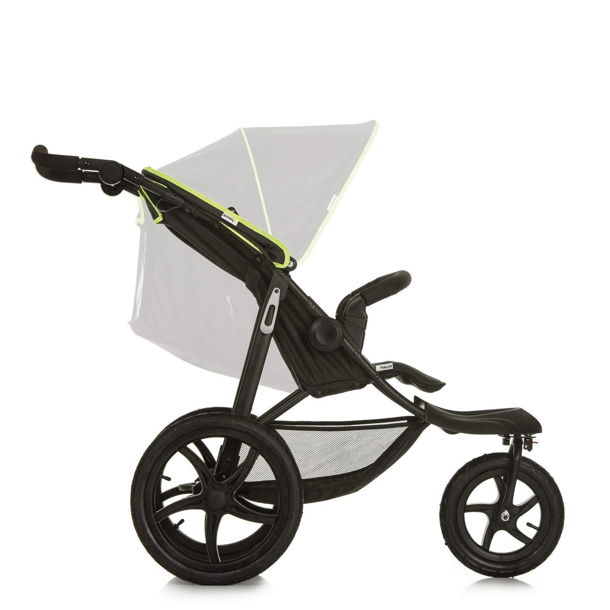 Cochecito hauck Runner 2, silla de paseo de tres ruedas con ruedas neumáticas XL para niños de hasta 22 kg, protección UV 50+, ventana de ventilación, altura ajustable, plegable, cesta XL de hasta 3 kg, función de reclinado (negro)