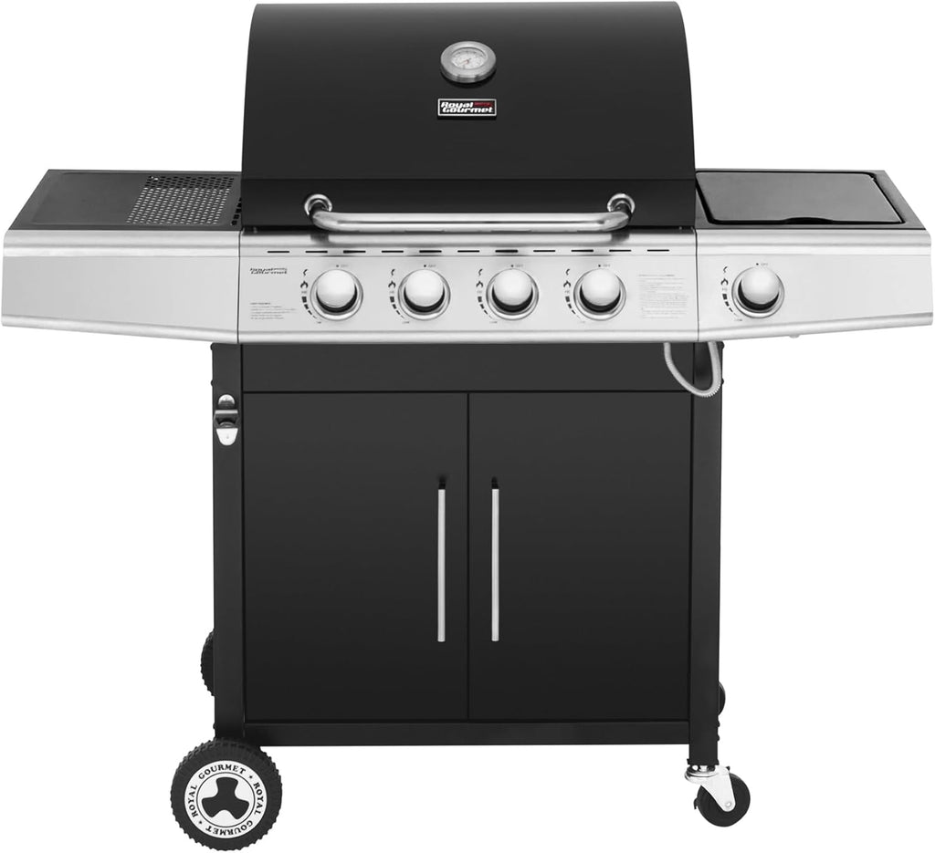 Barbacoa de gas Royal Gourmet de 4+1 quemadores de acero inoxidable, parrilla de gas de 14,5 kW con estantes y termómetro, 2 ruedas direccionales, 2 puertas, adecuada para jardín y exterior, negra