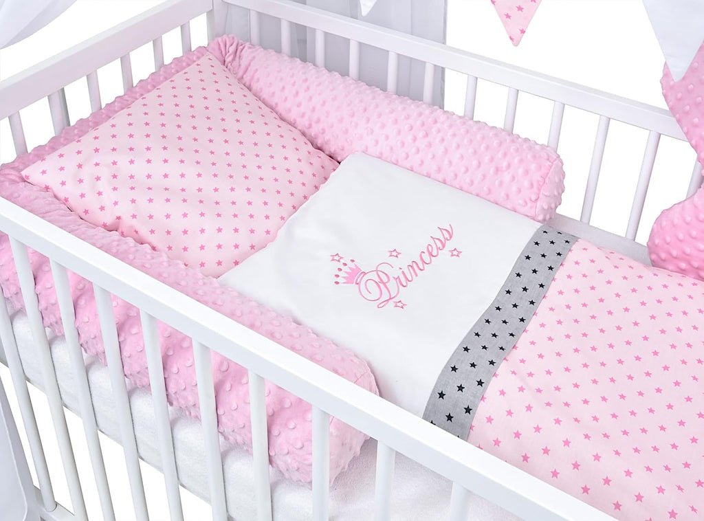 Set completo de cuna Baby Delux, cama casita de 60x120 cm, color blanco, con cajón, barrera anticaídas, colchón, ropa de cama y set de decoración (Prince Stars)