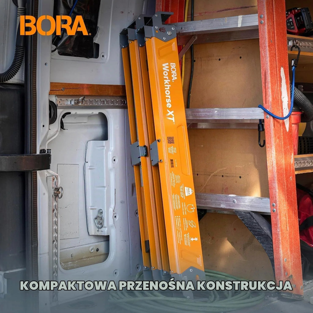 BORA Koń pociągowy XT Piła konie, składana, wytrzymała, regulowana wysokość, para z regulowanymi nogami, wytrzymała piła dla wykonawców, przenośny stół warsztatowy z wbudowanym otwieraczem do butelek