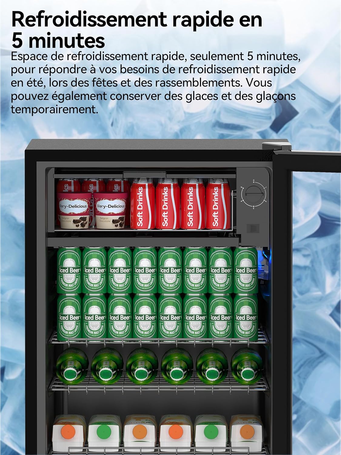 Devoko Nevera para bebidas de 93 L con puerta de cristal - Mininevera con luces LED RGB y estantes ajustables para uso interior/exterior. El refrigerador perfecto para su hogar, oficina, bar o fiesta.
