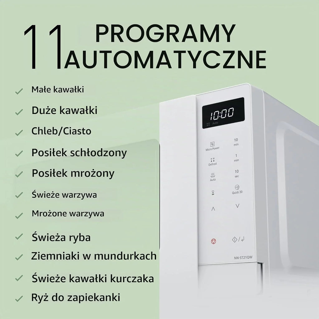 Panasonic NN-ST21QWEPG Tylko kuchenka mikrofalowa 20 l ze szklanym naczyniem, 800 W, automatyczne rozmrażanie, 11 programów automatycznych, wyświetlacz LED, 5 ustawień zasilania, cyfrowy timer, biały