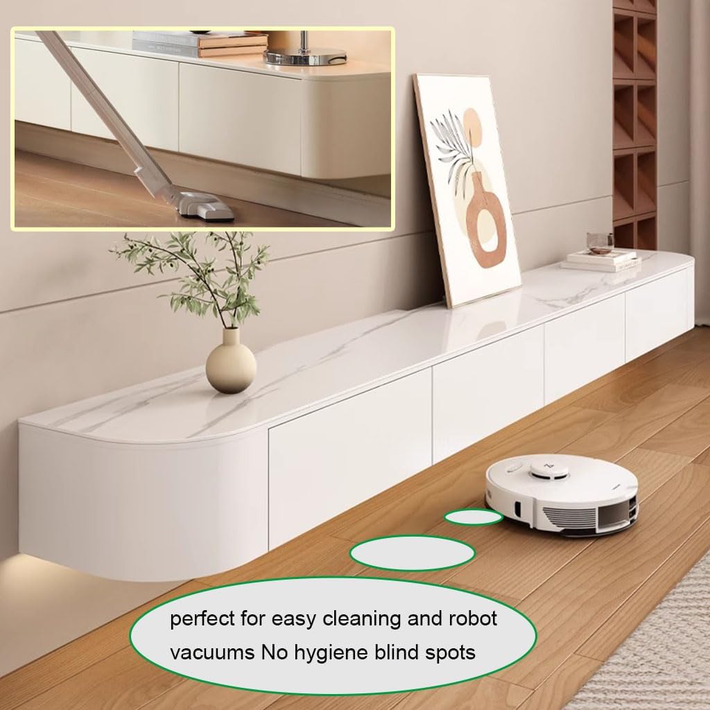 Consola multimedia para pared de TV flotante, banco de almacenamiento grande bajo TV, mueble bajo con cajones y soporte para router, (Blanco B + LED, 180 x 20 x 30 cm)