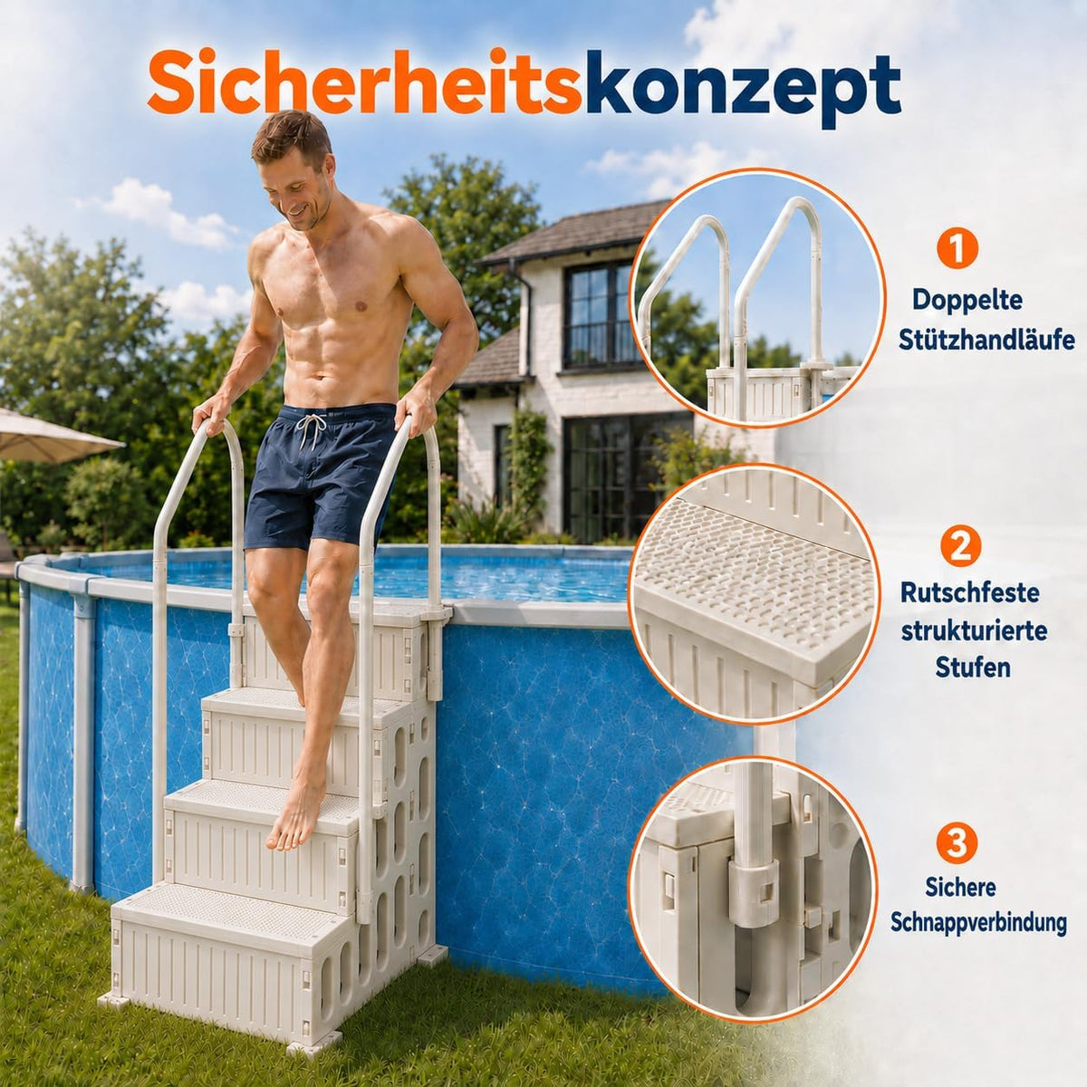 Escalera de piscina de 4 peldaños, escalera de piscina de HDPE blanco con doble pasamanos y antideslizante, capacidad de carga máxima de 180 kg para piscinas elevadas de 122–137 cm, piscina de jardín, piscinas enterradas, familias y personas mayores