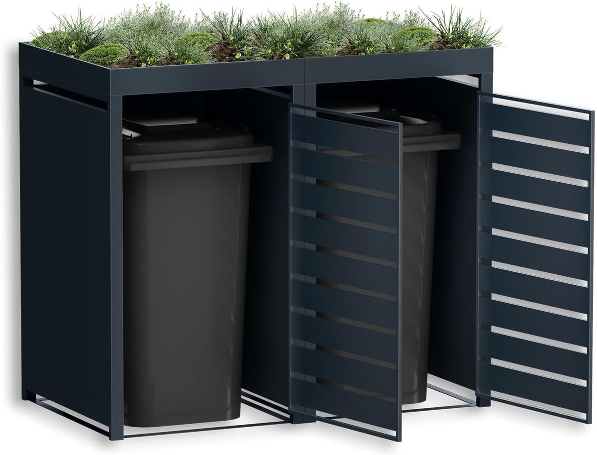 Caja para 2 cubos de basura Metzler de 240L en antracita y efecto madera con techo para plantas y franjas visuales, revestimiento para 2 cubos con tapa automática, caseta para basura de acero con recubrimiento en polvo inoxidable, con cerradura