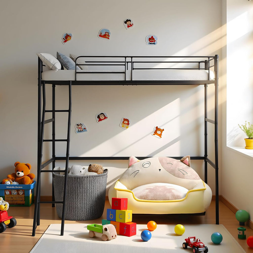 Cama alta de 90x200 cm, estructura de cama infantil, cama de metal, litera con barrera y escalera inclinada, para adultos, adolescentes y niños, negro