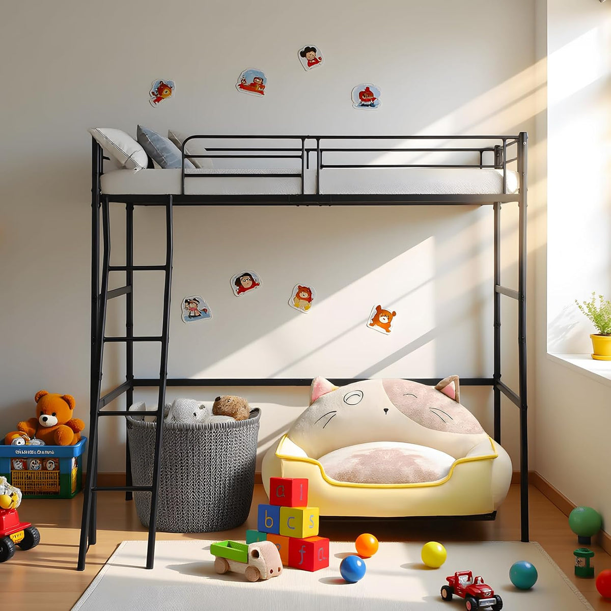 Cama alta de 90x200 cm, estructura de cama infantil, cama de metal, litera con barrera y escalera inclinada, para adultos, adolescentes y niños, negro