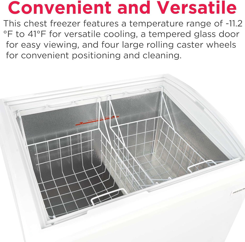 Congelador horizontal convertible Frigidaire, vitrina con tapa de cristal, 6.5 pies cúbicos, ruedas giratorias, temperatura ajustable