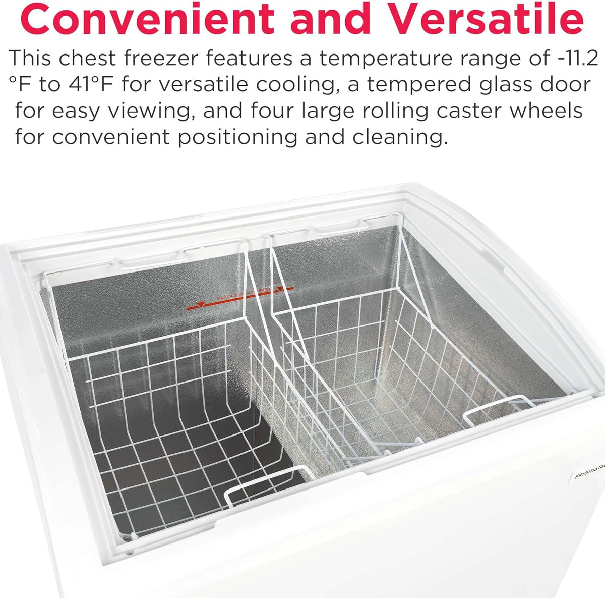 Congelador horizontal convertible Frigidaire, vitrina con tapa de cristal, 6.5 pies cúbicos, ruedas giratorias, temperatura ajustable