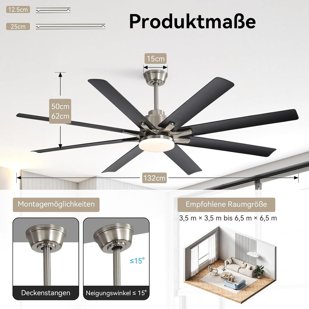 Ventilador de techo Sofucor de 132 cm con luz, ventilador de techo silencioso con luz y mando a distancia, motor CC, 8 aspas, 3 temperaturas de color, temporizador, 6 velocidades, modo verano e invierno para salón