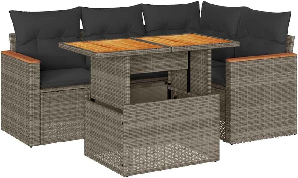 vidaXL Set de sofás de jardín de 5 piezas con cojines gris de poliratán y acacia, conjunto de sofás de exterior, set de sofás de jardín, set de salón, conjunto de sofás para terraza