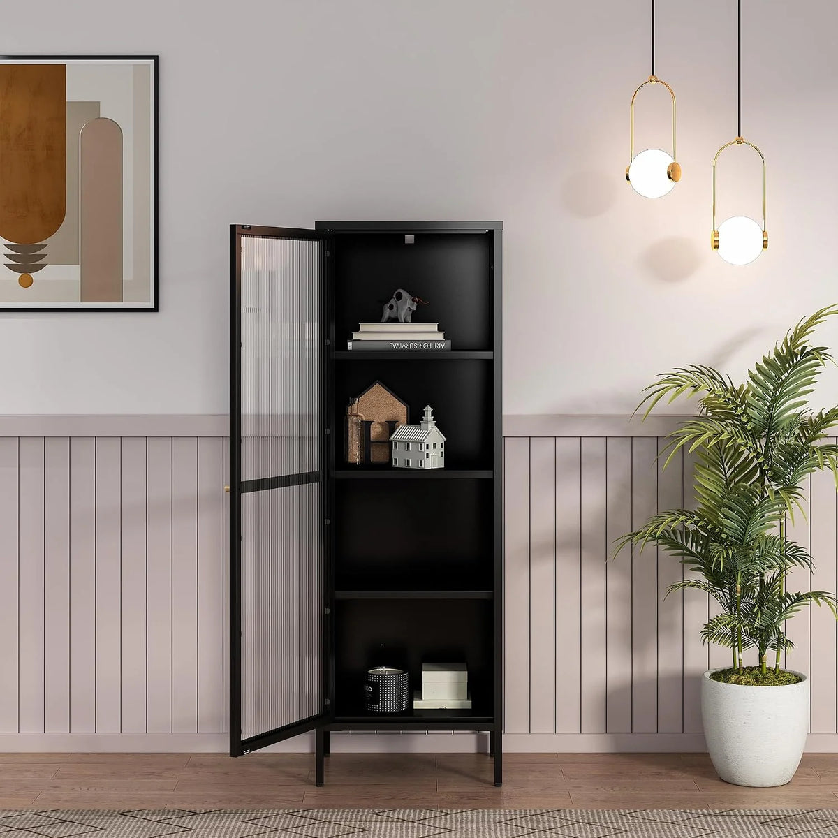 [en.casa] Szafa z witryną Säkylä regał na książki z 4 półkami, 150 x 50 x 35 cm, szafka kuchenna z 1 drzwiami, uniwersalna szafka, witryna, metalowa, czarna