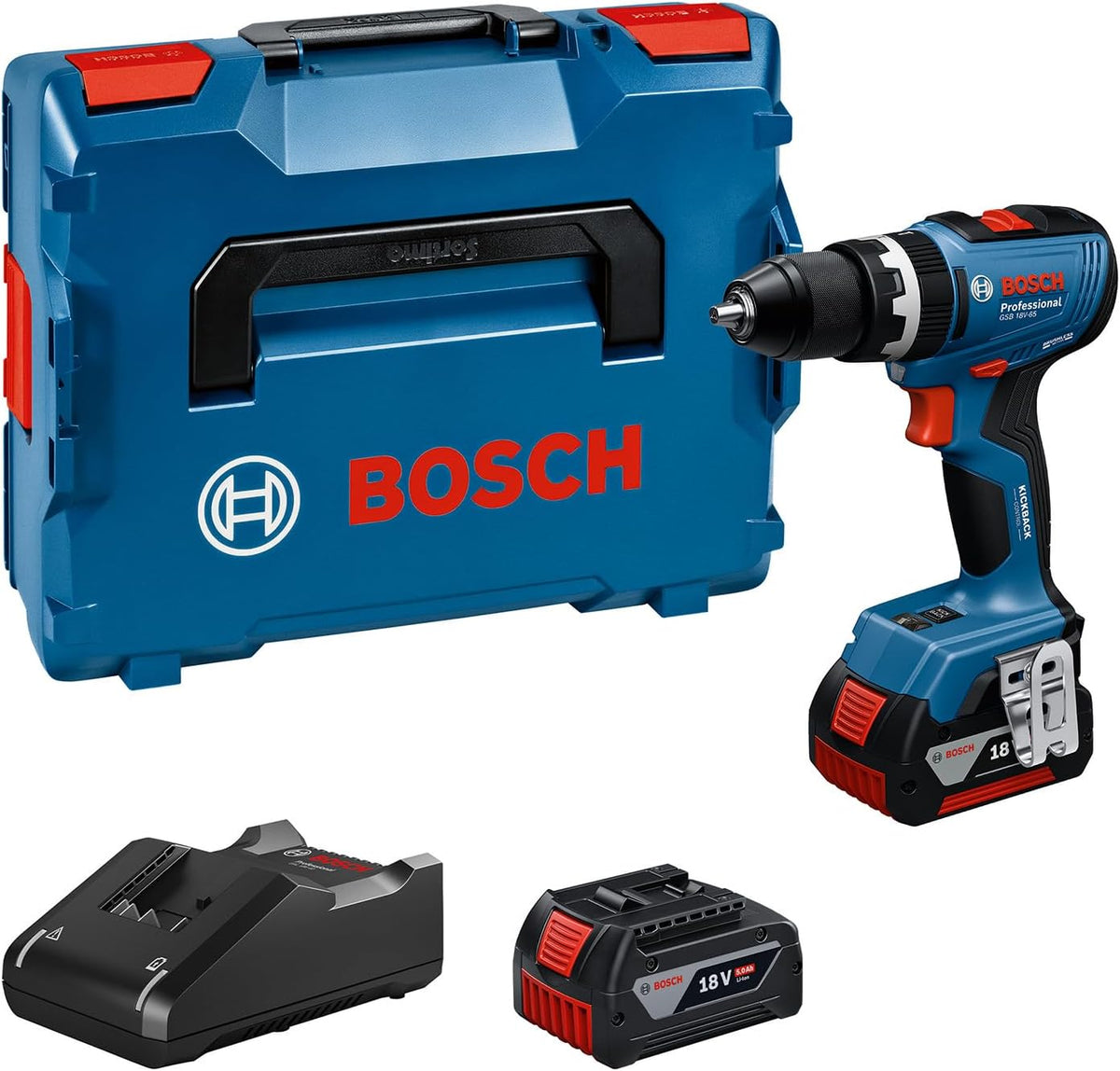 Taladro atornillador de percusión a batería Bosch Professional 18V System GSB 18V-65 (motor sin escobillas, longitud de cabezal 175, incl. 2 baterías GBA 18V 5.0Ah, cargador GAL 18V-40, L-BOXX)