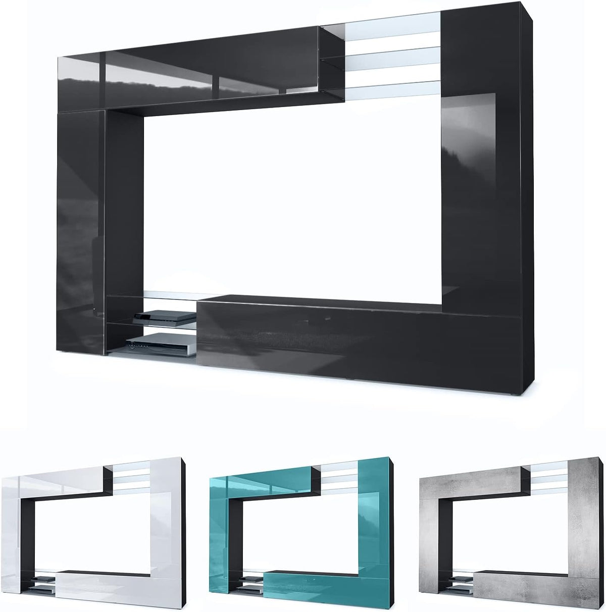 Mueble de salón Vladon Mirage, fabricado en Alemania, mueble mural con panel trasero con 2 puertas, 2 puertas abatibles y 6 estantes de cristal abiertos, negro mate/gris brillante, incluye iluminación LED (262 x 183 x 39 cm)