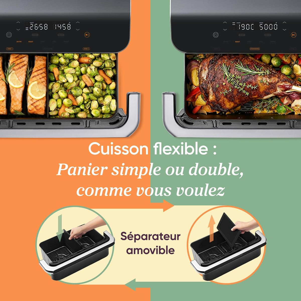 Freidora de aire COSORI Twinfry de 10L, freidora sin aceite con doble resistencia, Airfryer de zona dual con separador extraíble, 5 en 1, gran capacidad, cocción óptima, 40℃-240℃, control inteligente mediante App