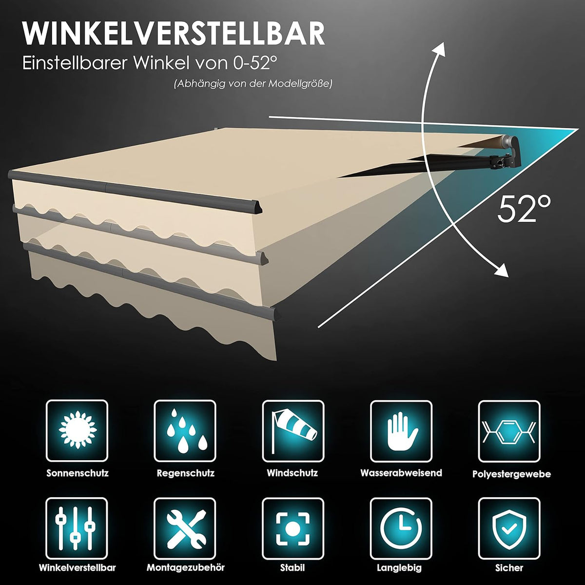 KESSER® Toldo articulado eléctrico con mando a distancia, toldo de brazos articulados, 250 x 200 cm, toldo para terraza, toldo de sujeción, toldo solar, incl. soporte de pared, protección solar, toldo para balcón, beige