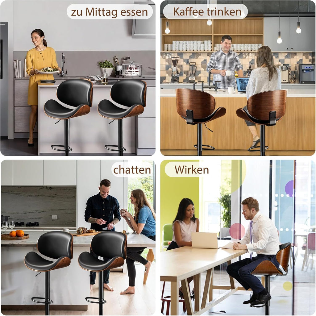 Set de 2 taburetes de bar, silla de bar ajustable en altura de piel sintética y madera maciza, silla giratoria 360° con respaldo y reposapiés para cocina, sala de estar, comedor, bar, negro