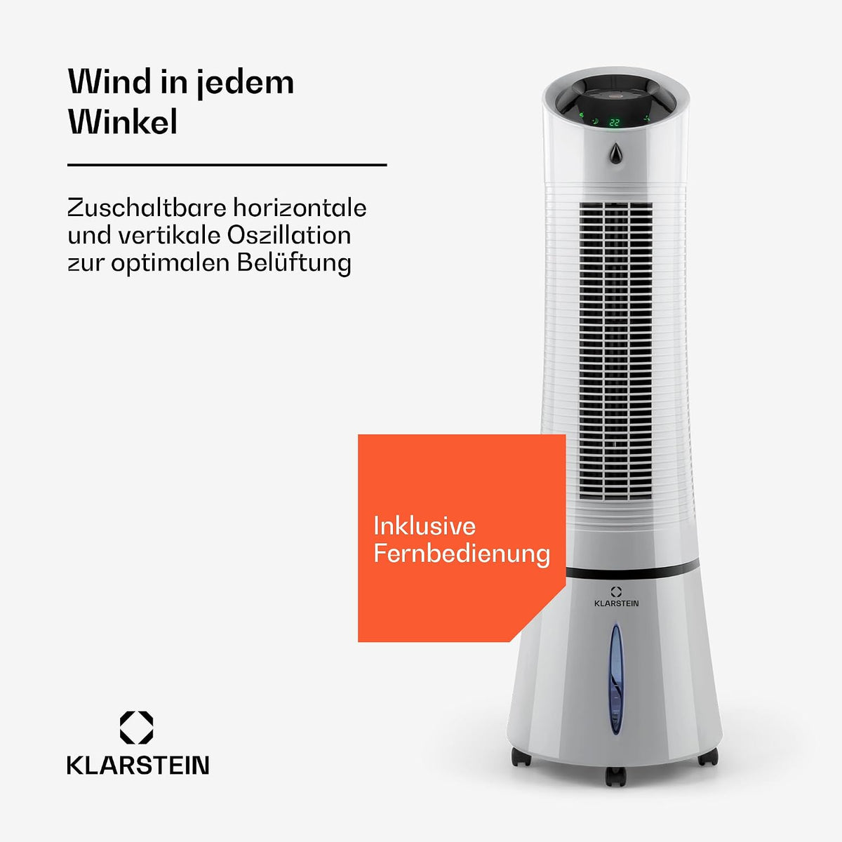 Klarstein 4 en 1: Enfriador de aire inteligente, ventilador, humidificador e ionizador I Depósito de agua de 6 L, oscilación, 30 W, 210 m³/h, temporizador I Aire acondicionado sin tubo de escape, aire acondicionado móvil, plata