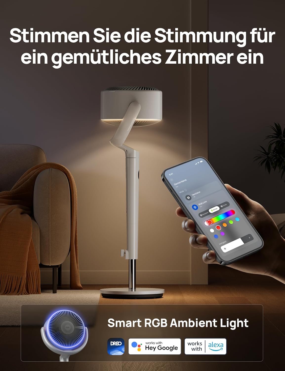 Ventilador de pie inteligente Dreo con luz RGB, oscilación de 120° + 120° con control remoto, ventilador de suelo silencioso de 20 dB para dormitorio, temporizador de 8 horas, plateado