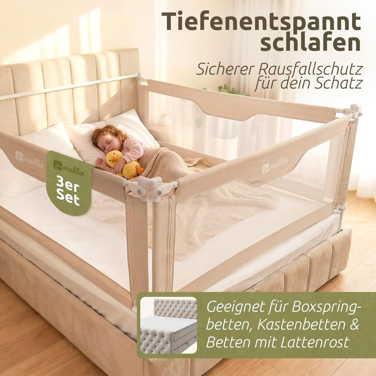 Barrera de cama 200x200 cm, set de 3 lados, MALLIEFIX 2.0, sistema de clic, altura ajustable, beige