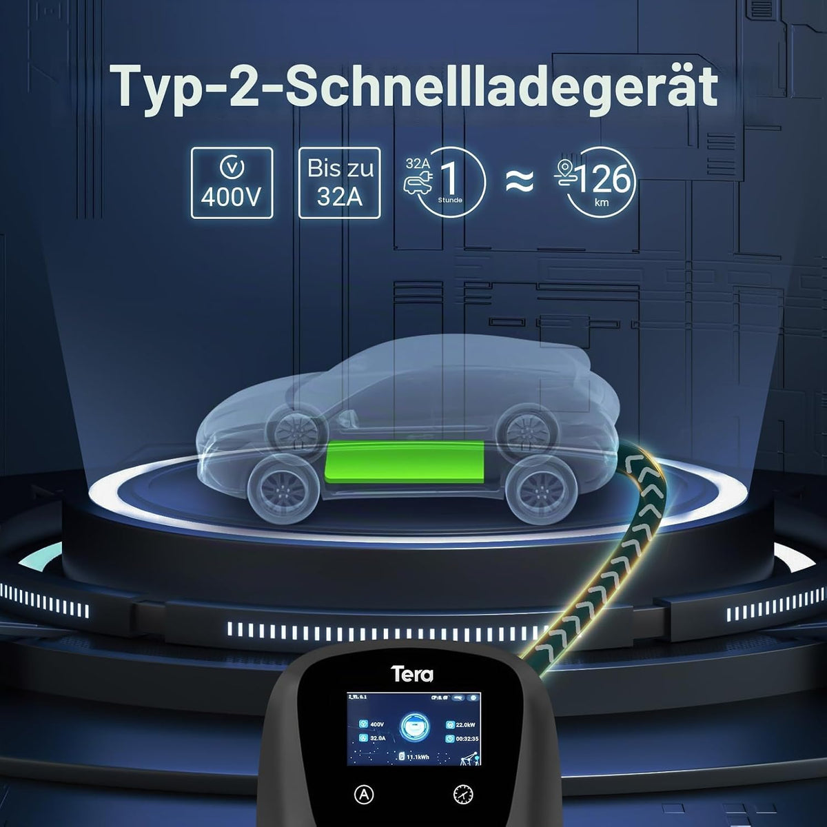Tera EV Ladegerät Smart APP mit 32A Typ 2 22kW oder 11kW Heim Ladestation 400V CE & TÜV Wallbox 7m Ladekabel mit Ladegerätehalter App-Steuerung CEE 3-Phasen Stecker für Alle EVs und PHEVs W01 Schwarz