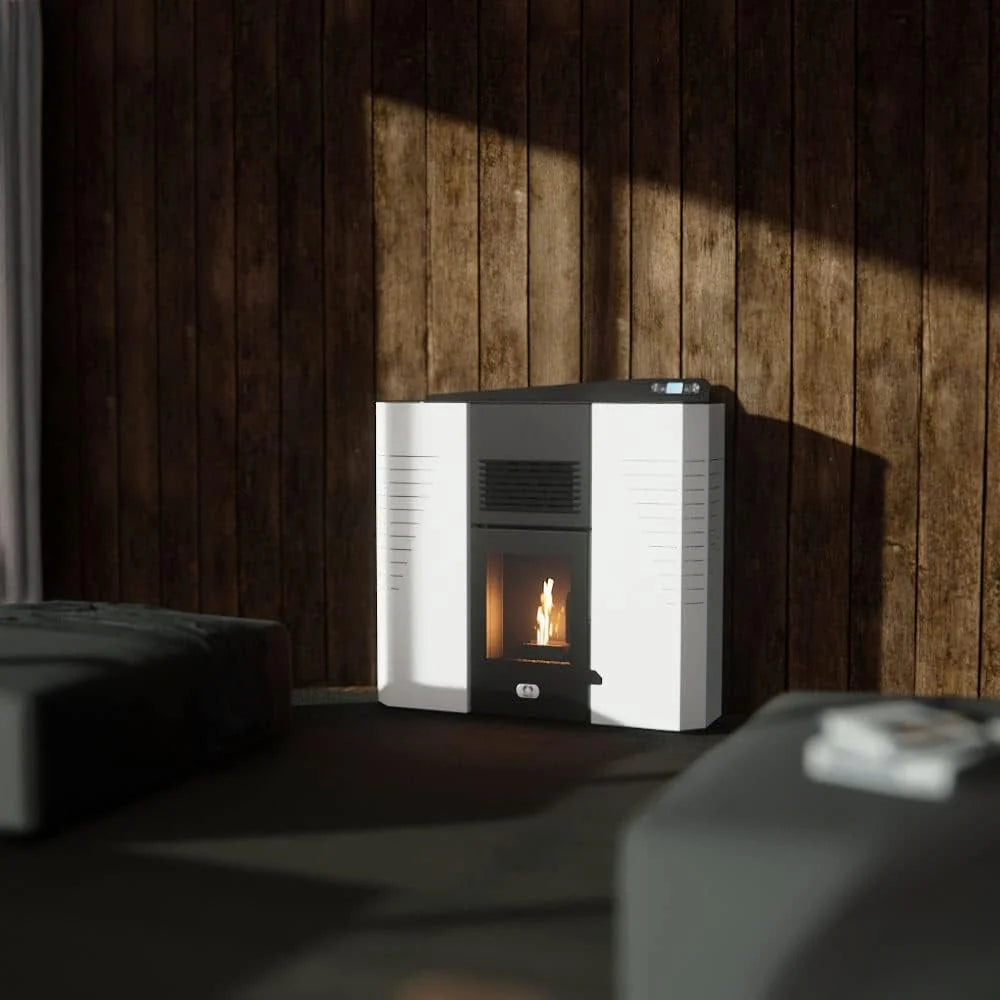 STUFE A PELLET ITALIA - Marmolada 14 kW Kanał WIFI - Wydajność 92%, Nagrzewa 130 m², 5 prędkości i mocy, autonomia 19 h, programowalny, 24 miesiące , BIAŁY