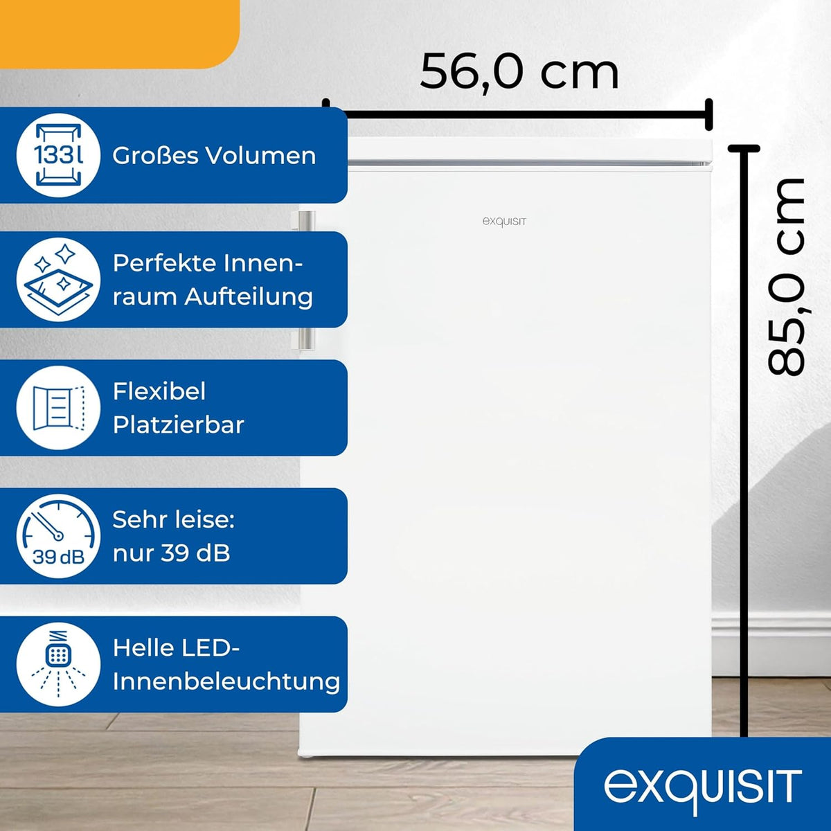 Refrigerador Exquisit sin congelador, 133 litros, frigorífico de una puerta independiente, sentido de apertura de puerta reversible, KS516-V-H-010D blanco