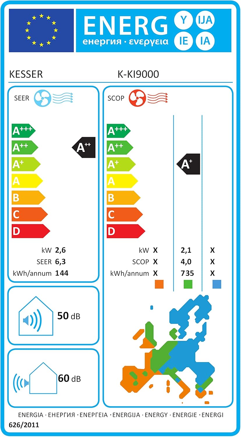 KESSER® Set de aire acondicionado Split - con función WiFi/App - Refrigeración A++/ Calefacción A+ - 9000 BTU/h (2600 vatios) Refrigerante R32 - Mando a distancia, función de temporizador - Incluye material de montaje completo
