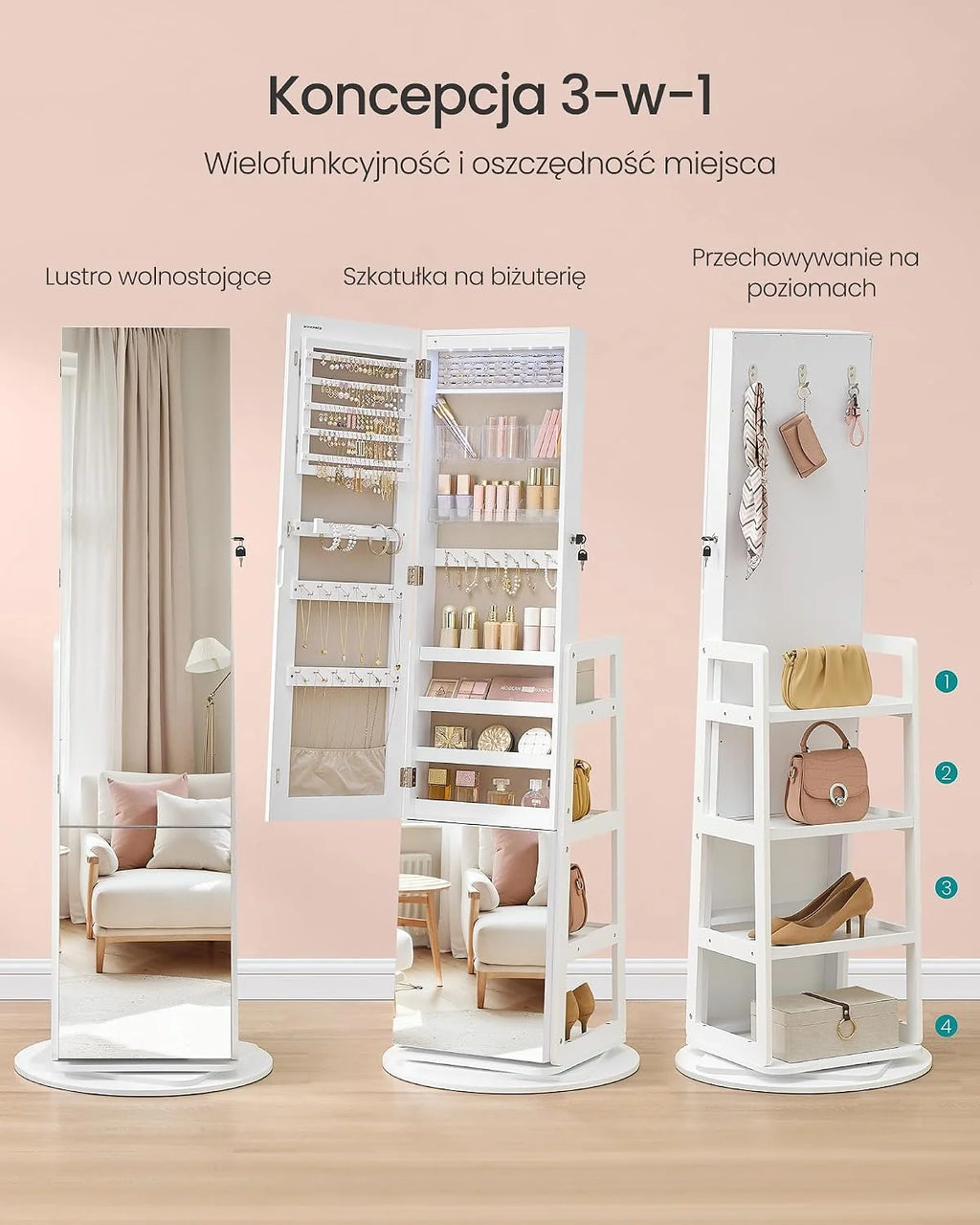 SONGMICS Szafka na biżuterię z długim lustrem, LED, obrotowa o 360°