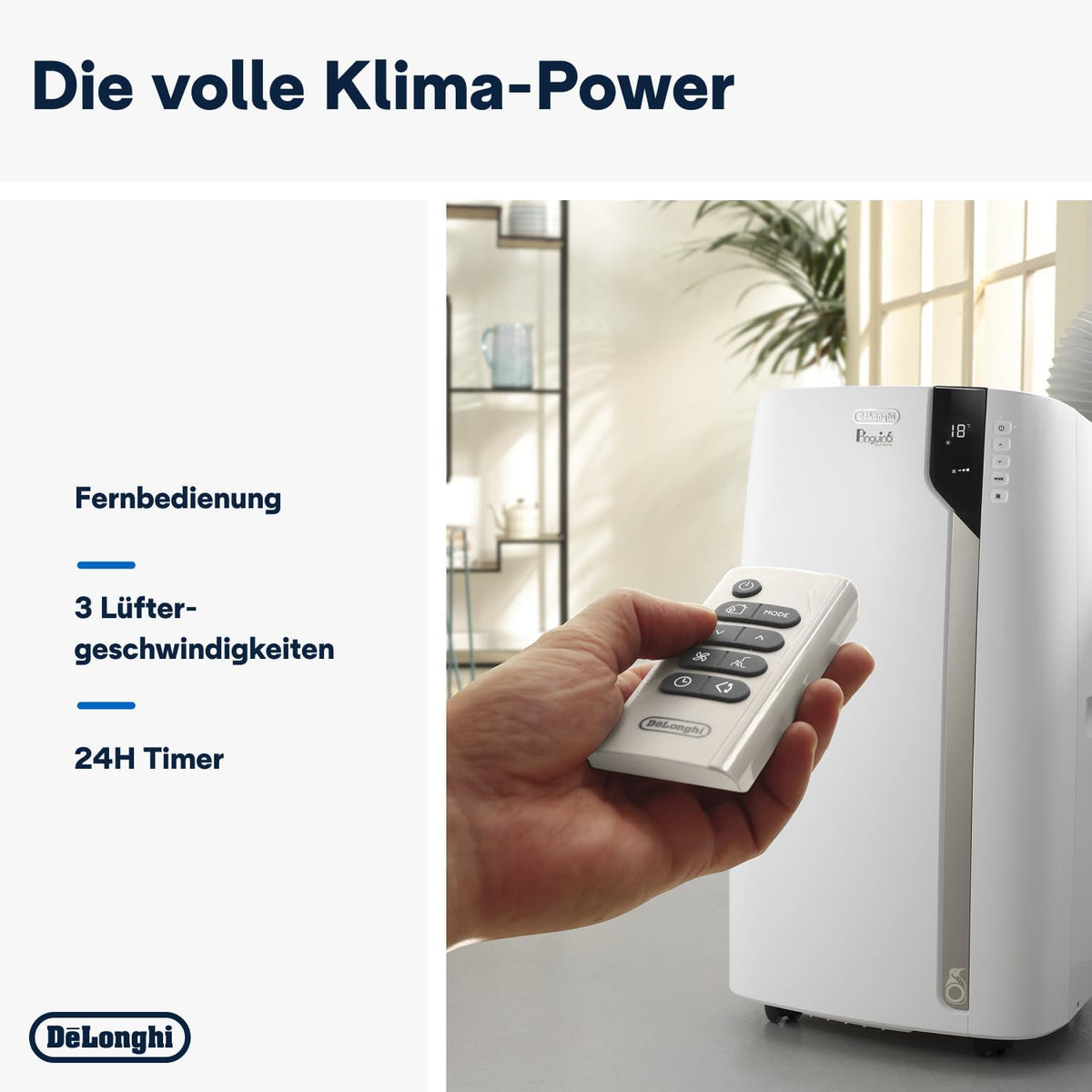 De'Longhi Pinguino PAC EM82, aire acondicionado portátil para habitaciones de hasta 80 m³, 9.400 BTU, 2,4 kW, 63 dB, función de deshumidificación, clase energética A, temporizador 24 h, blanco