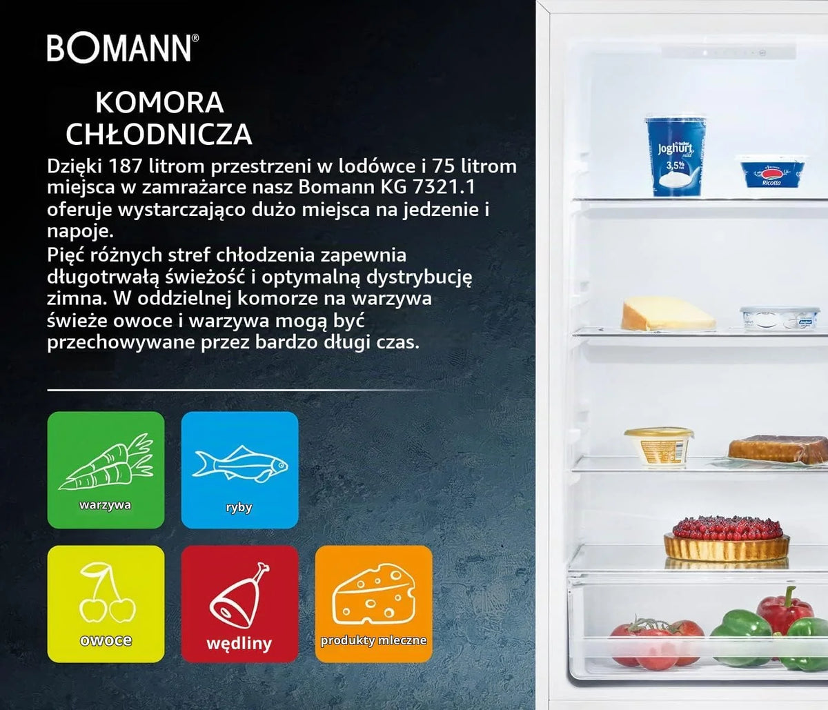 Bomann® Lodówko-zamrażarka, pojemność użytkowa 269 l – chłodzenie: 198 l | zamrażanie: 71 l, energooszczędna, cicha praca 39 dB, LED, wymienne zawiasy drzwiowe, wysokość: 180 x szerokość: 55 x